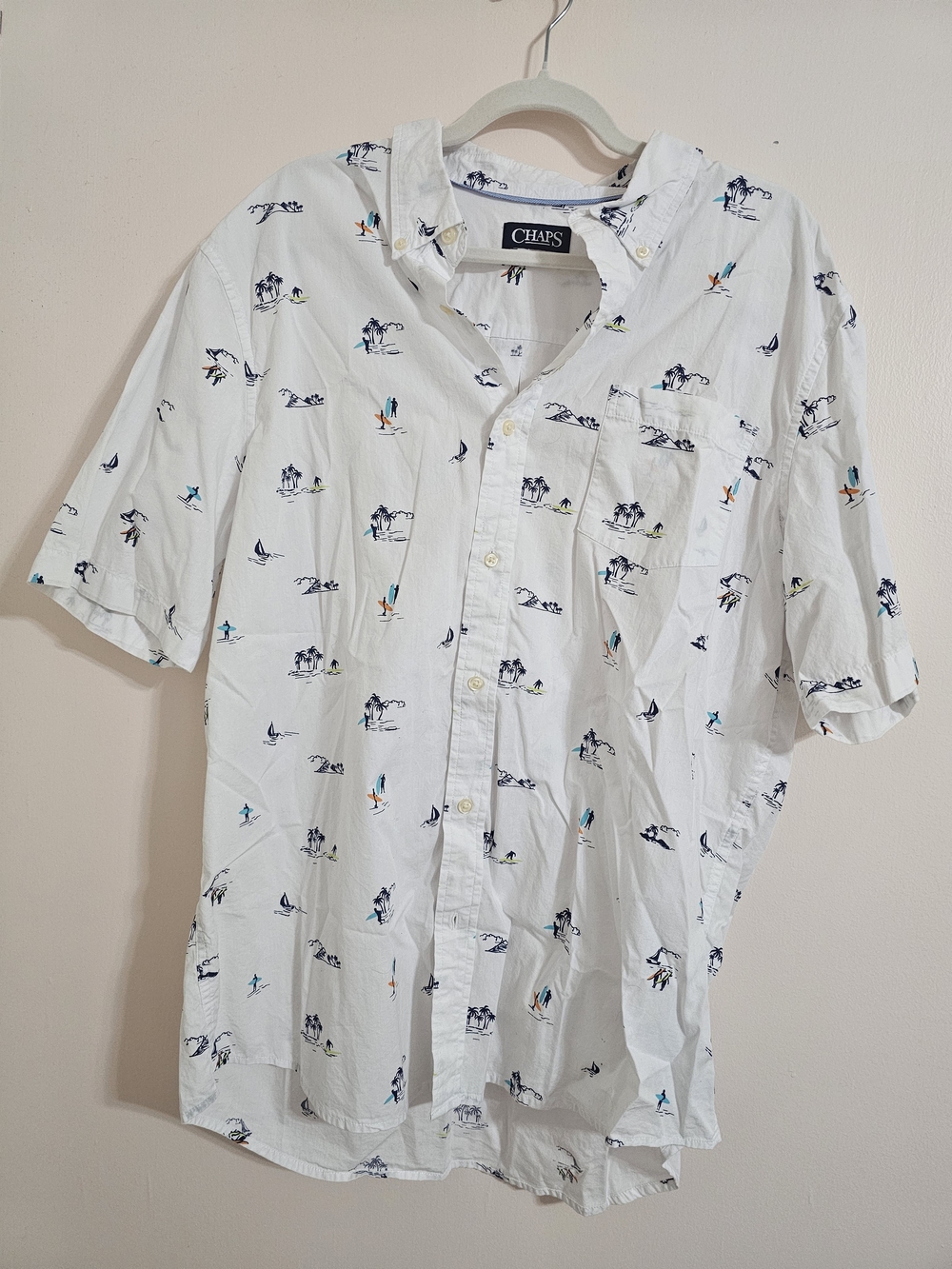 Chaps XL Men's White Short-Sleeve Surf Printed Button-Down Camp Shirt